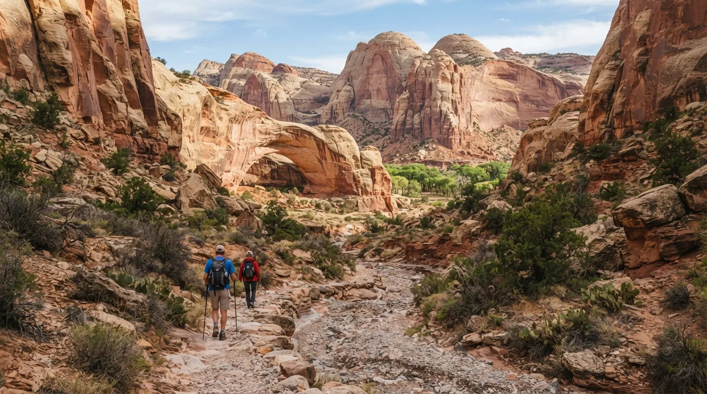 Hikers on Burro Wash Trail in Capitol Reef with Waterpocket Fold cliffs, dry washes, natural bridges, domes, and orchard-lined canyon mouths.