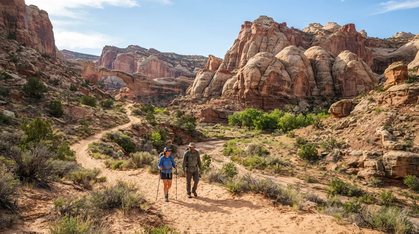 Hikers on Cottonwood Wash Trail in Capitol Reef with Waterpocket Fold cliffs, dry washes, natural bridges, domes, and orchard-lined canyon mouths.
