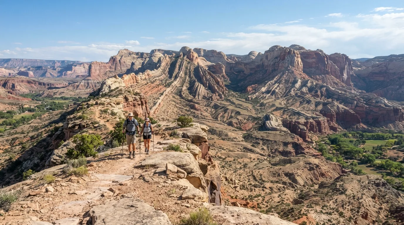 Hikers on Strike Valley Overlook Trail in Capitol Reef with Waterpocket Fold cliffs, dry washes, natural bridges, domes, and orchard-lined canyon mouths.