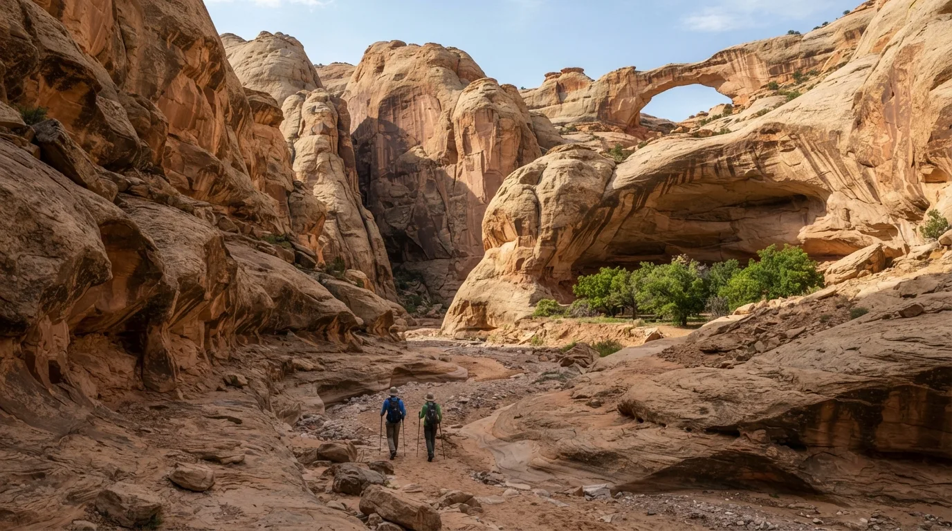 Hikers on Lower Muley Twist Canyon in Capitol Reef with Waterpocket Fold cliffs, dry washes, natural bridges, domes, and orchard-lined canyon mouths.
