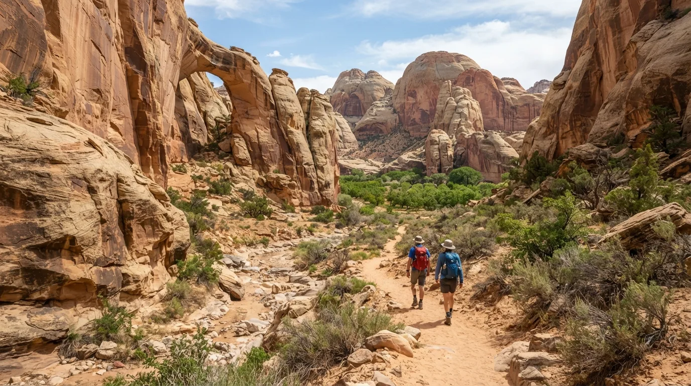 Hikers on Headquarters Canyon Trail in Capitol Reef with Waterpocket Fold cliffs, dry washes, natural bridges, domes, and orchard-lined canyon mouths.
