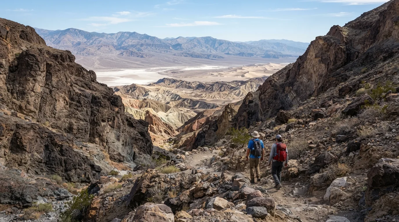 Hikers on Darwin Falls Trail in Death Valley with badlands, salt flats, dry canyons, desert peaks, dunes, and alluvial fans.