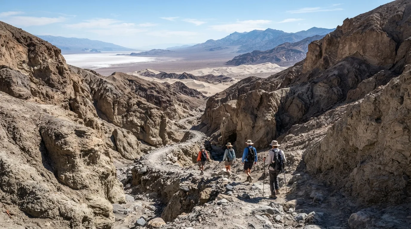Hikers on Sidewinder Canyon in Death Valley with badlands, salt flats, dry canyons, desert peaks, dunes, and alluvial fans.