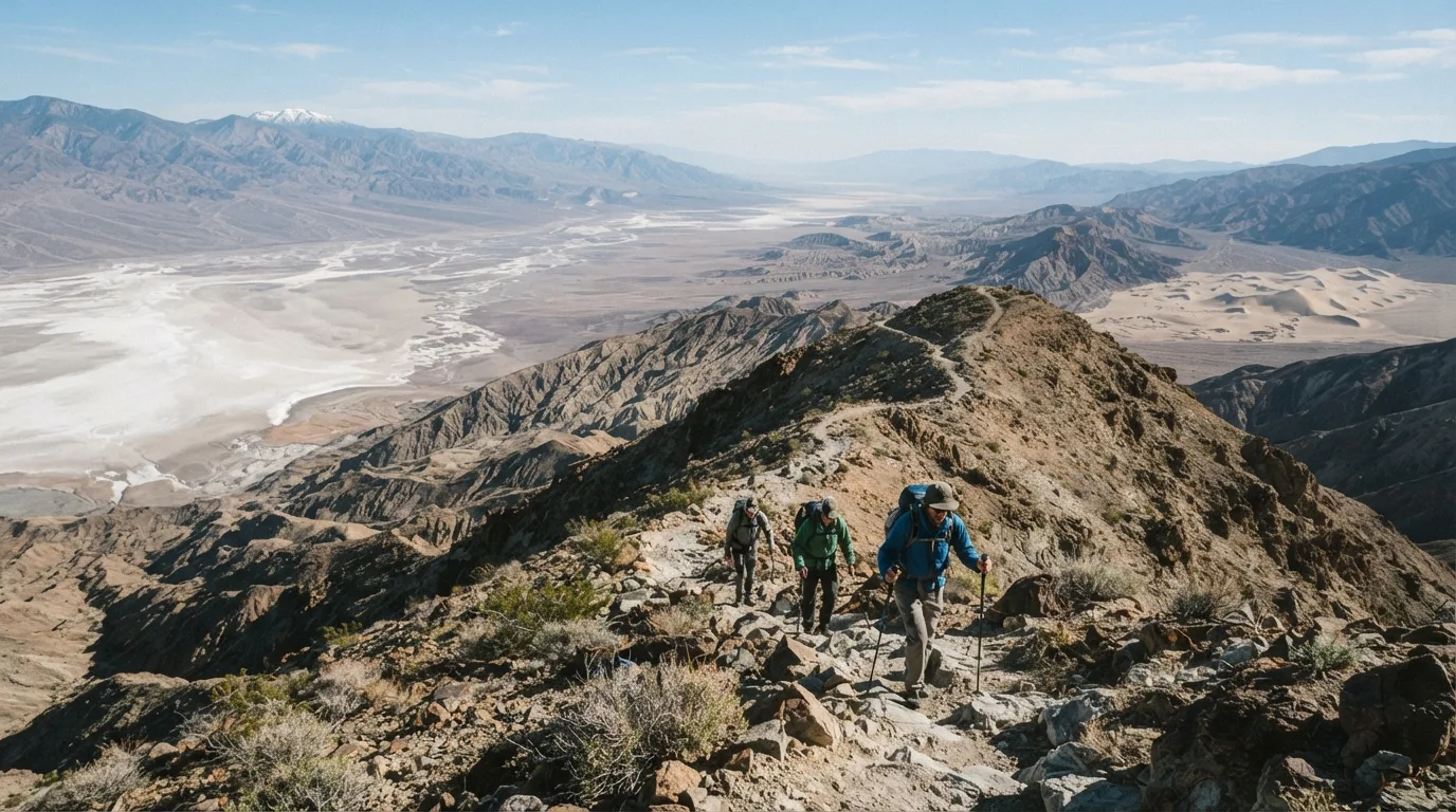 Hikers on Telescope Peak Trail in Death Valley with badlands, salt flats, dry canyons, desert peaks, dunes, and alluvial fans.
