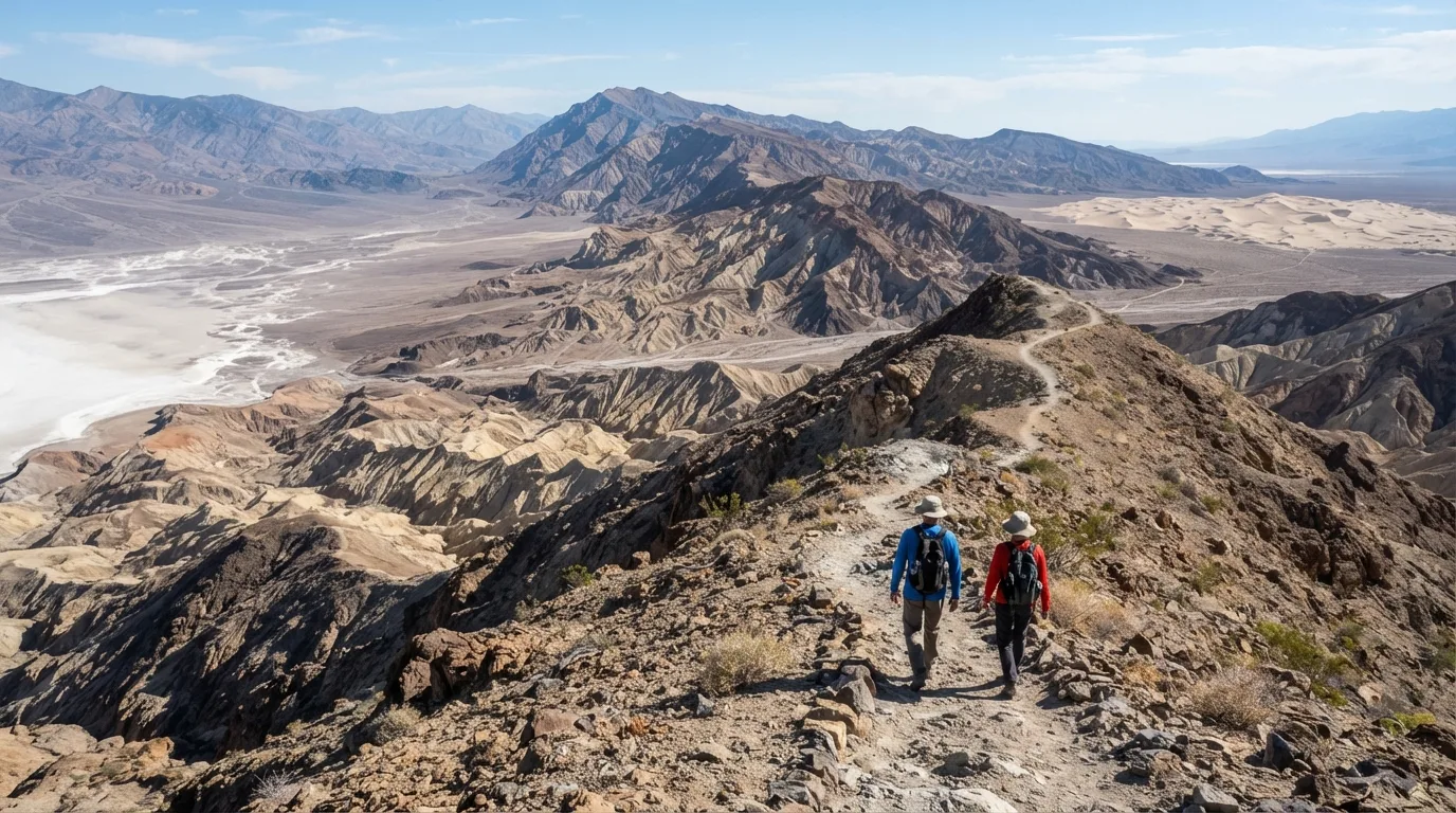 Hikers on Dantes Ridge Trail in Death Valley with badlands, salt flats, dry canyons, desert peaks, dunes, and alluvial fans.