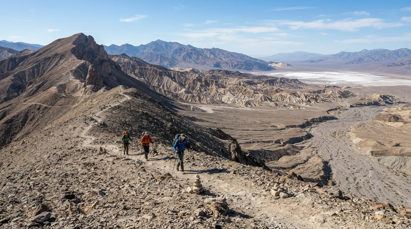 Hikers on Corkscrew Peak Trail in Death Valley with badlands, salt flats, dry canyons, desert peaks, dunes, and alluvial fans.