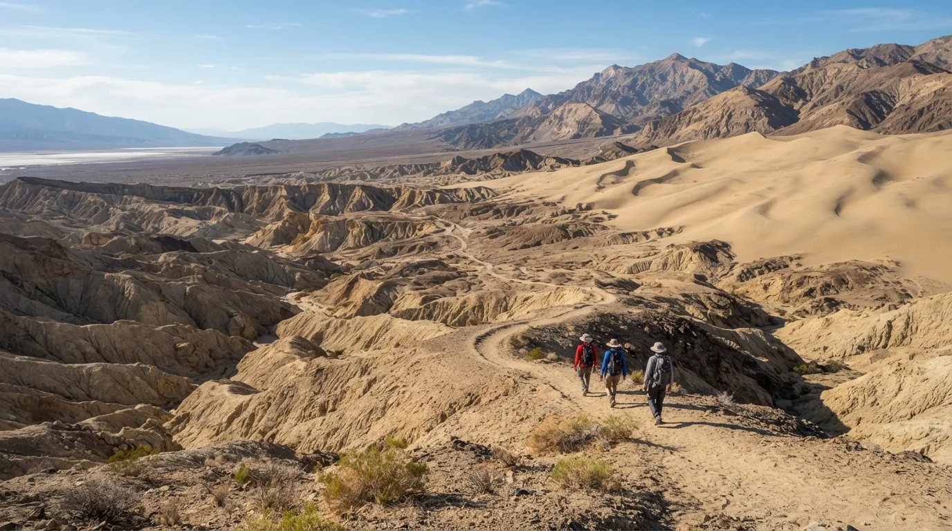 Hikers on Panamint Dunes Trail in Death Valley with badlands, salt flats, dry canyons, desert peaks, dunes, and alluvial fans.