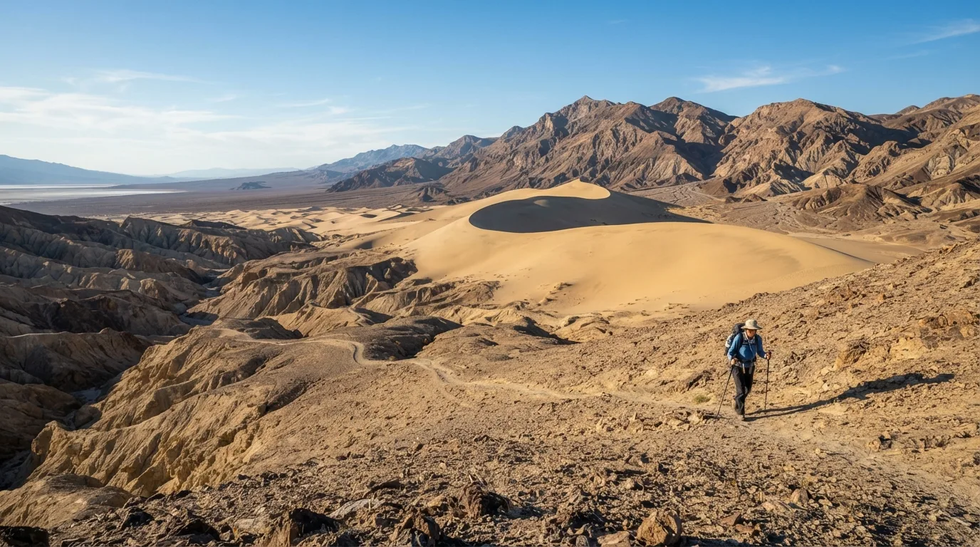 Hikers on Ibex Dunes Trail in Death Valley with badlands, salt flats, dry canyons, desert peaks, dunes, and alluvial fans.
