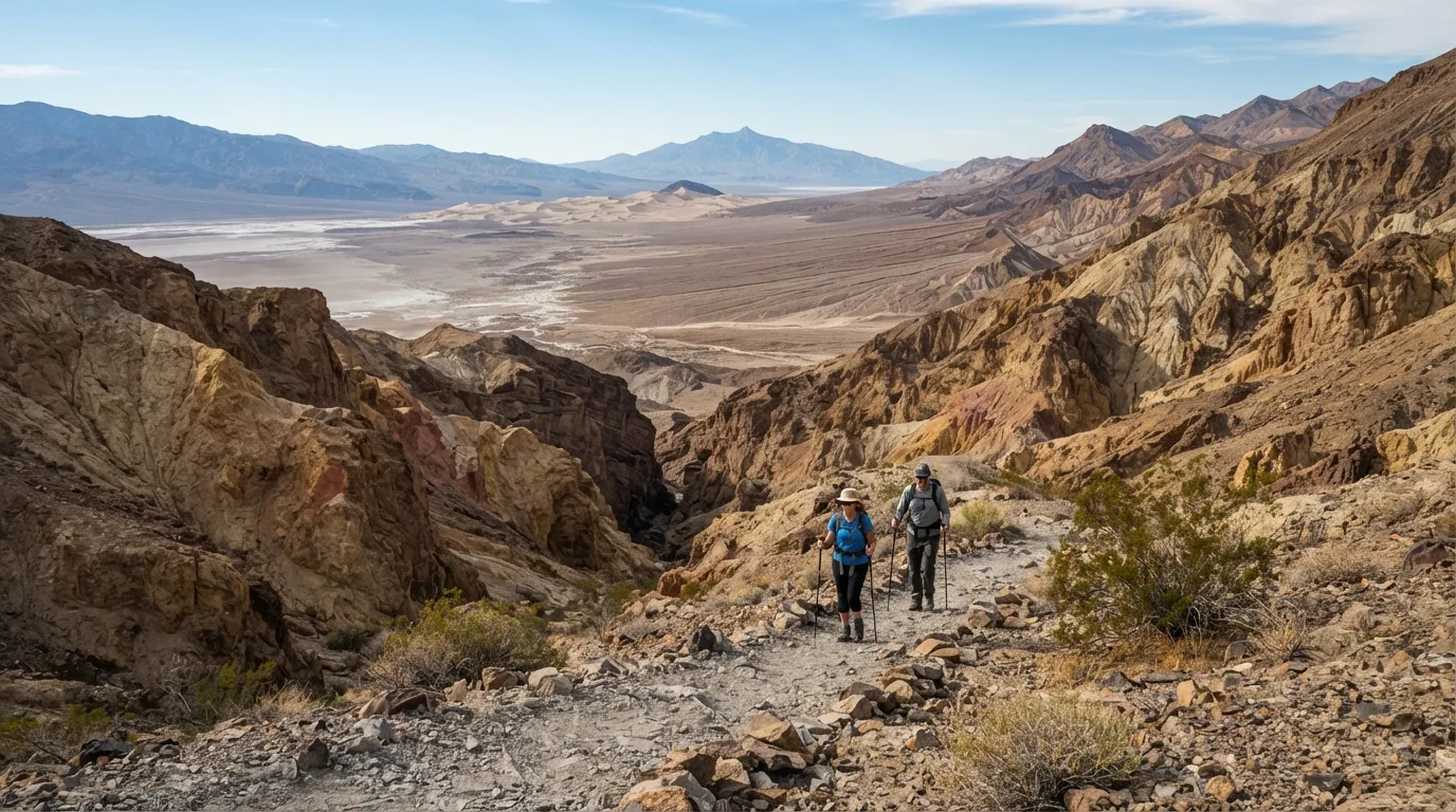 Hikers on Fall Canyon Trail in Death Valley with badlands, salt flats, dry canyons, desert peaks, dunes, and alluvial fans.