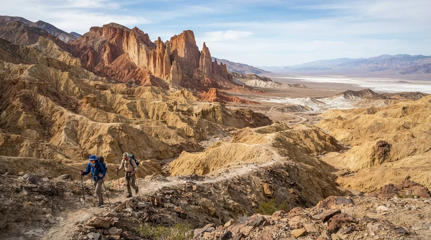 Hikers on Red Cathedral Trail in Death Valley with badlands, salt flats, dry canyons, desert peaks, dunes, and alluvial fans.