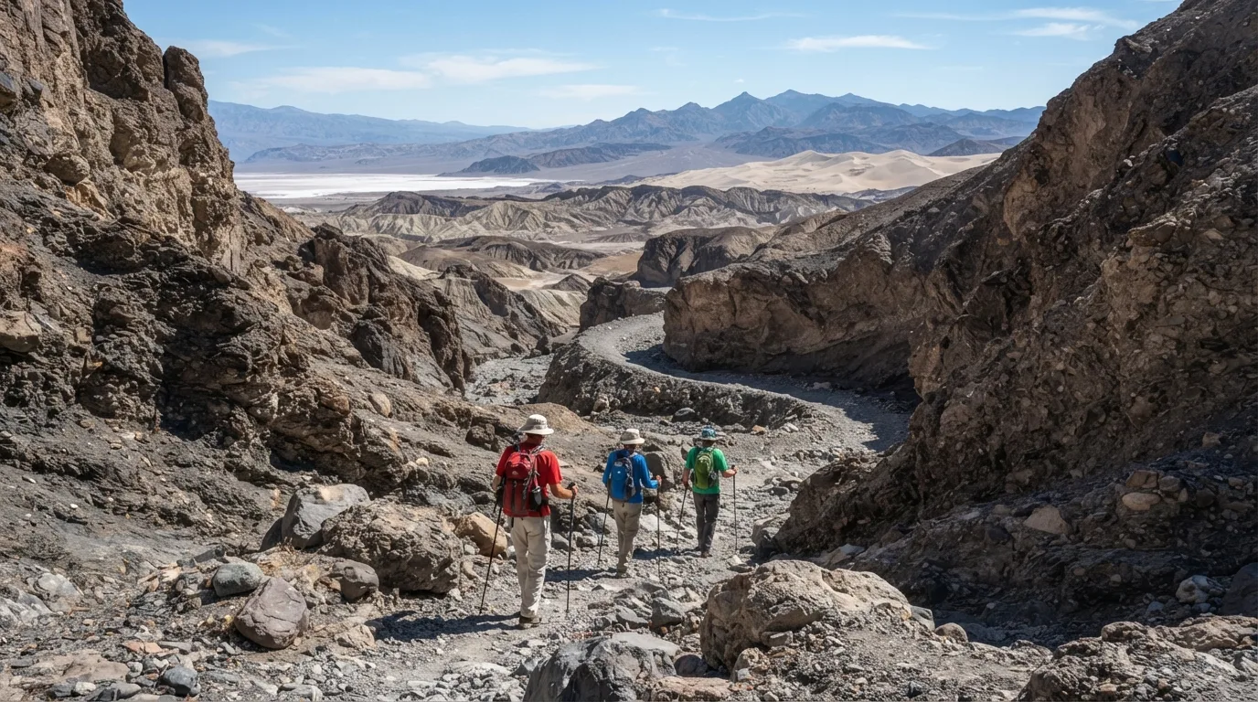 Hikers on Grotto Canyon Trail in Death Valley with badlands, salt flats, dry canyons, desert peaks, dunes, and alluvial fans.