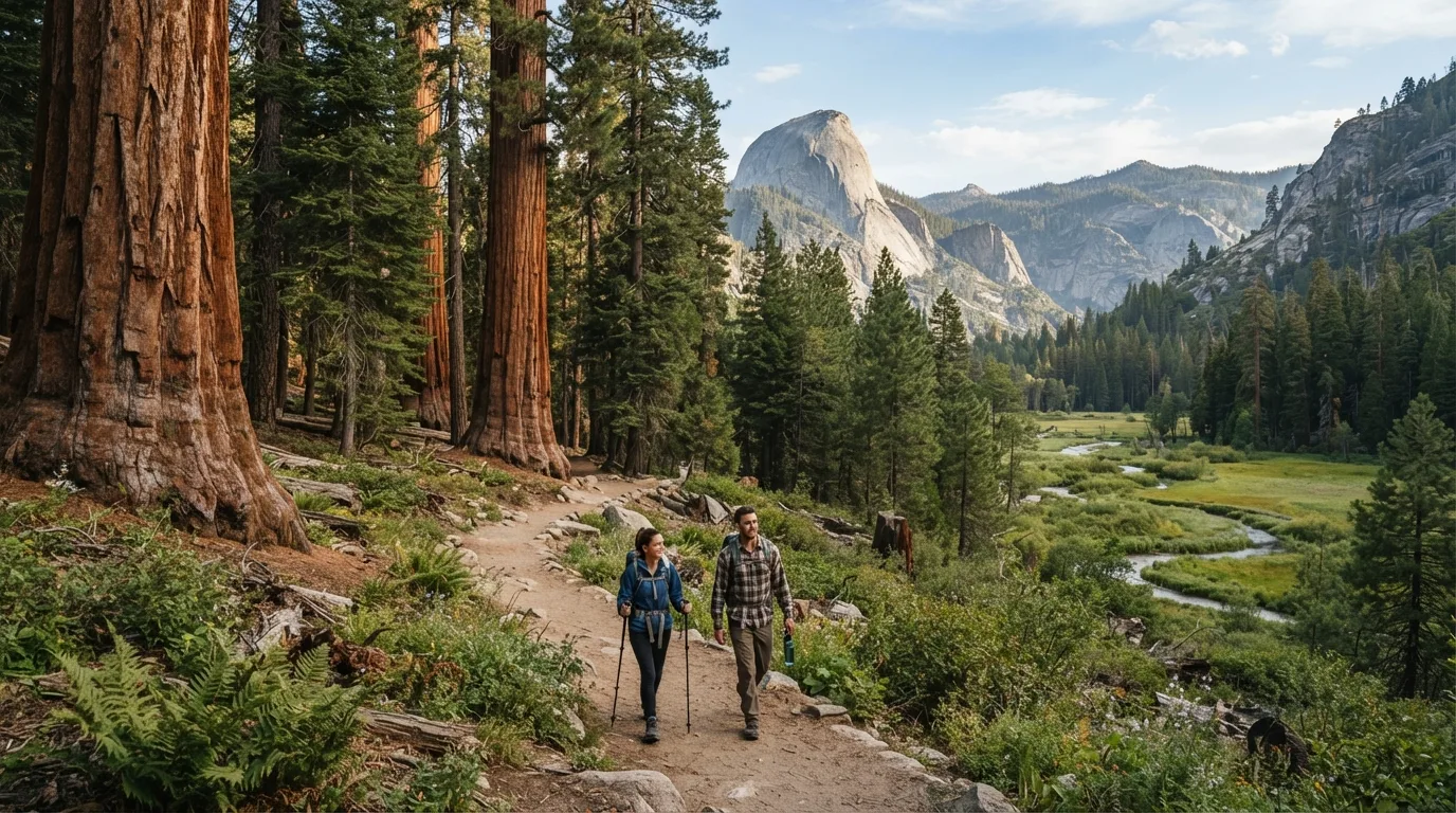 Hikers on Sunset Rock Trail in Sequoia with giant sequoia groves, granite domes, creek corridors, meadows, and high Sierra forest.
