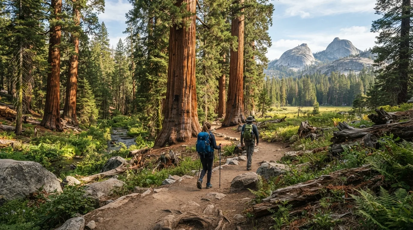 Hikers on Beetle Rock Trail in Sequoia with giant sequoia groves, granite domes, creek corridors, meadows, and high Sierra forest.