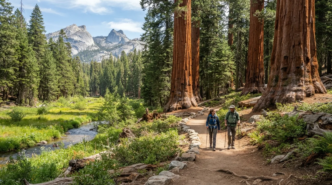 Hikers on Hazelwood Nature Trail in Sequoia with giant sequoia groves, granite domes, creek corridors, meadows, and high Sierra forest.