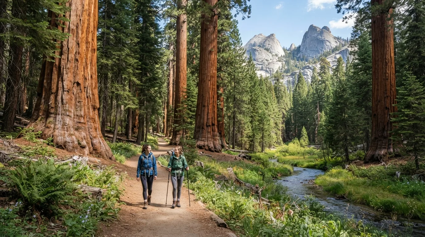 Hikers on Muir Grove Trail in Sequoia with giant sequoia groves, granite domes, creek corridors, meadows, and high Sierra forest.