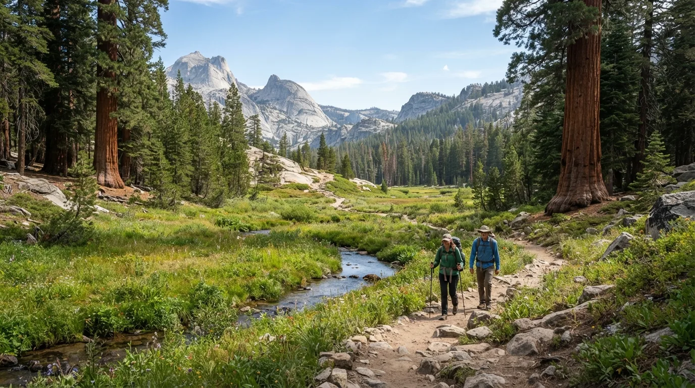Hikers on Alta Meadow Trail in Sequoia with giant sequoia groves, granite domes, creek corridors, meadows, and high Sierra forest.