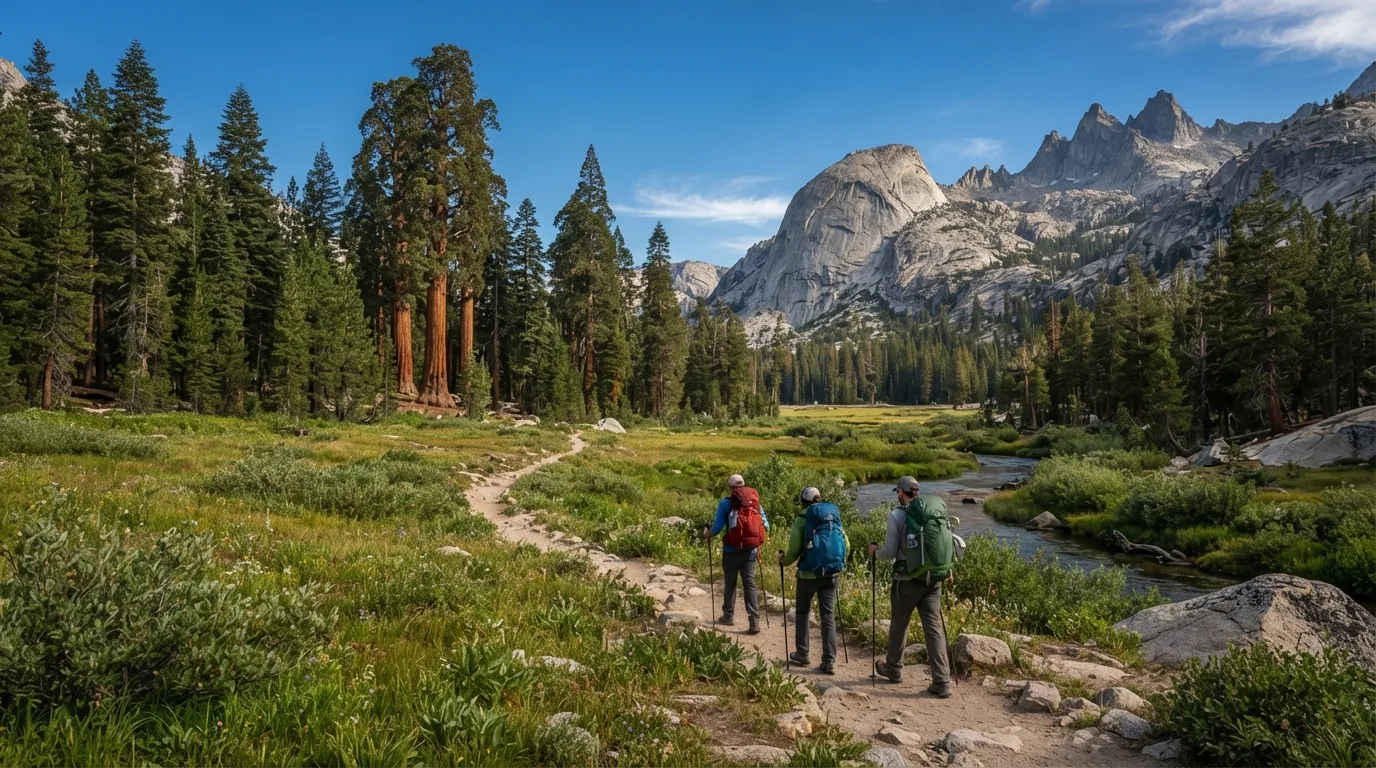 Hikers on High Sierra Trail to Bearpaw Meadow in Sequoia with giant sequoia groves, granite domes, creek corridors, meadows, and high Sierra forest.