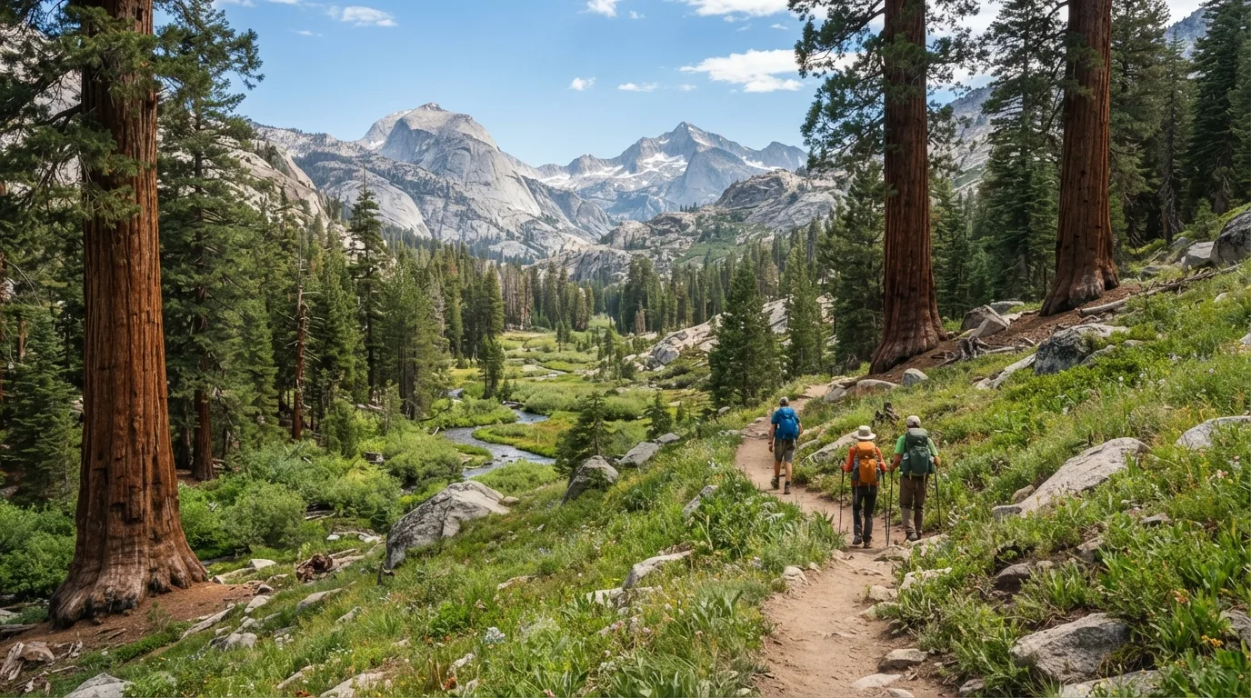Hikers on Panther Gap Trail in Sequoia with giant sequoia groves, granite domes, creek corridors, meadows, and high Sierra forest.