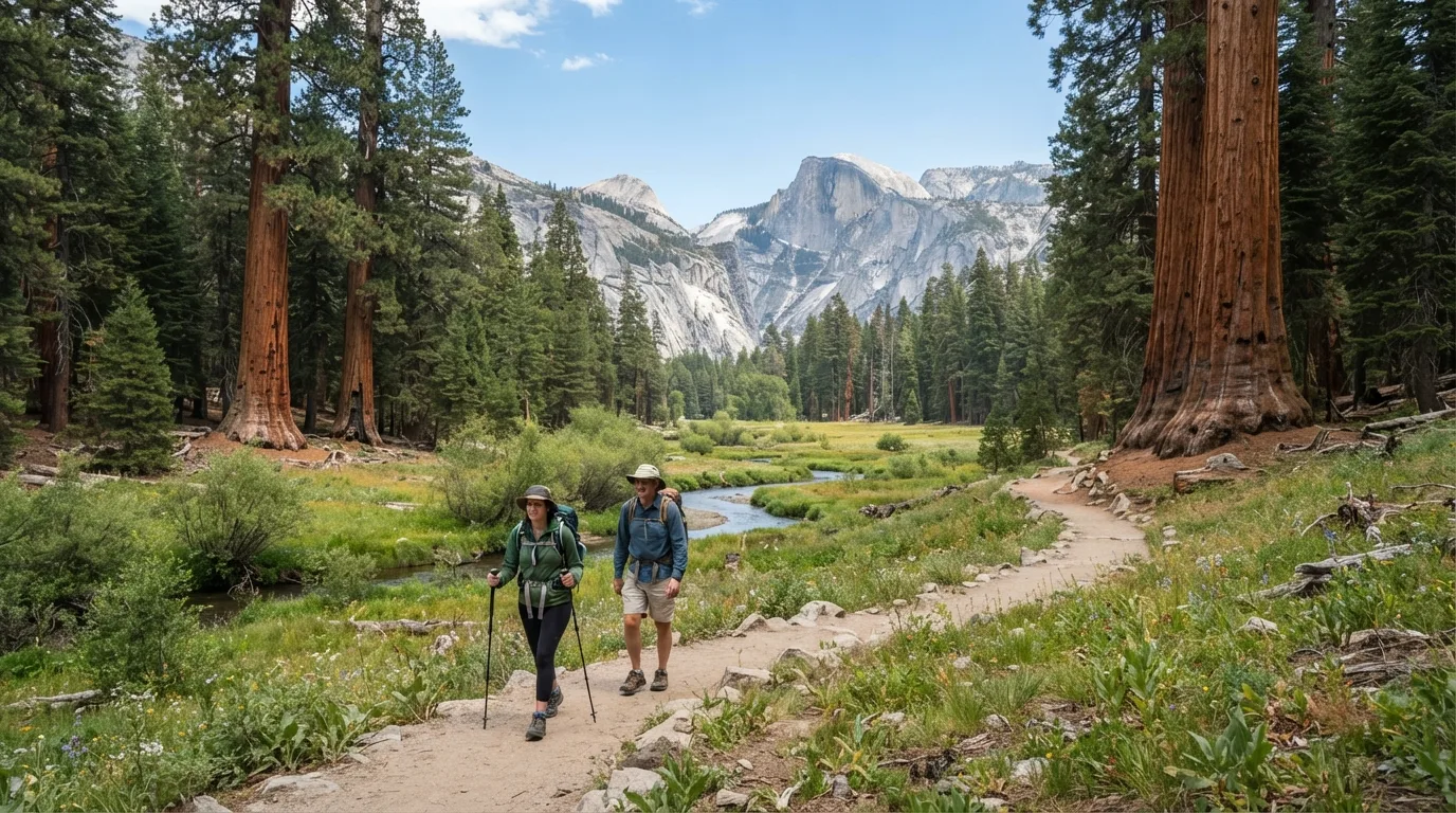 Hikers on Eagle View Trail in Sequoia with giant sequoia groves, granite domes, creek corridors, meadows, and high Sierra forest.