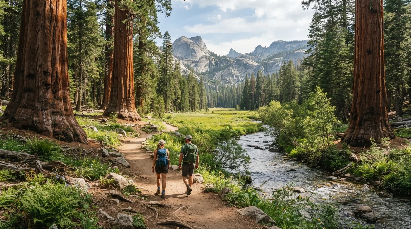 Hikers on Paradise Creek Trail in Sequoia with giant sequoia groves, granite domes, creek corridors, meadows, and high Sierra forest.