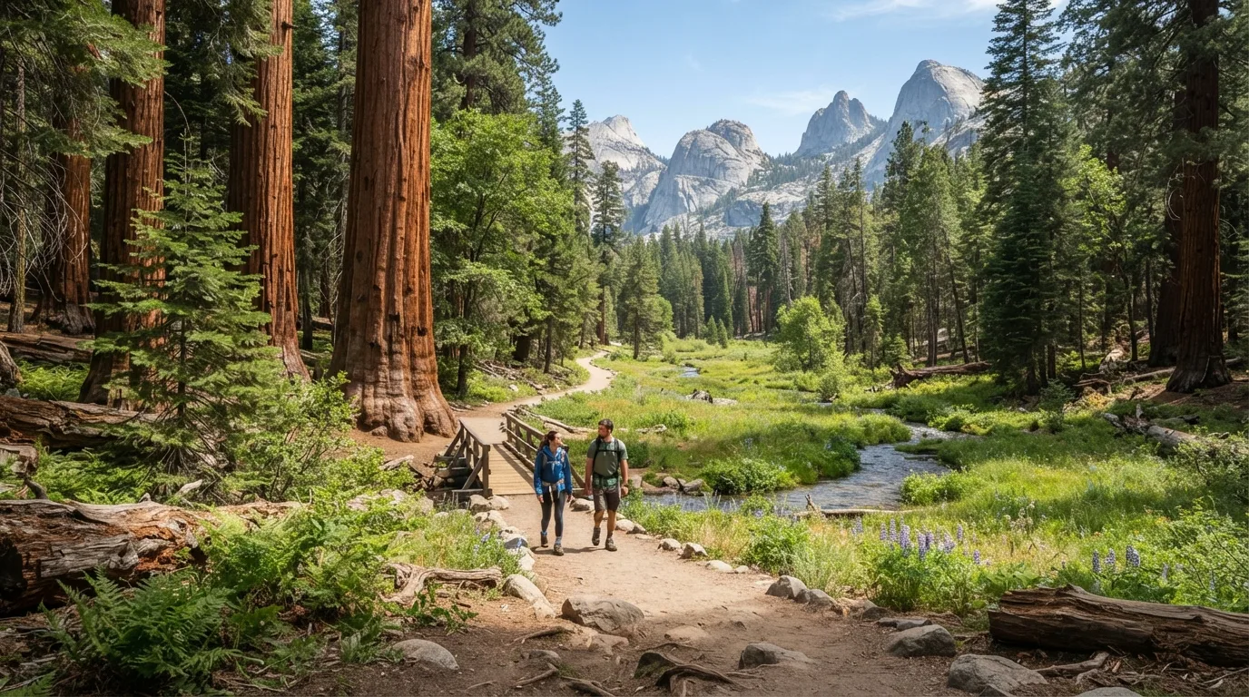 Hikers on Colony Mill Road Trail in Sequoia with giant sequoia groves, granite domes, creek corridors, meadows, and high Sierra forest.