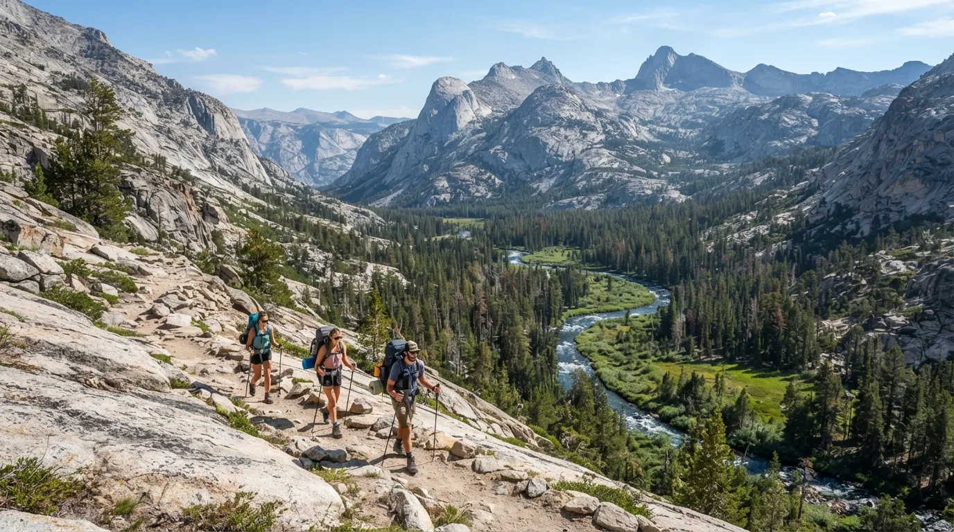 Hikers on Rae Lakes Loop in Kings Canyon with deep granite canyon, roaring rivers, sequoia groves, high meadows, and long wilderness valleys.