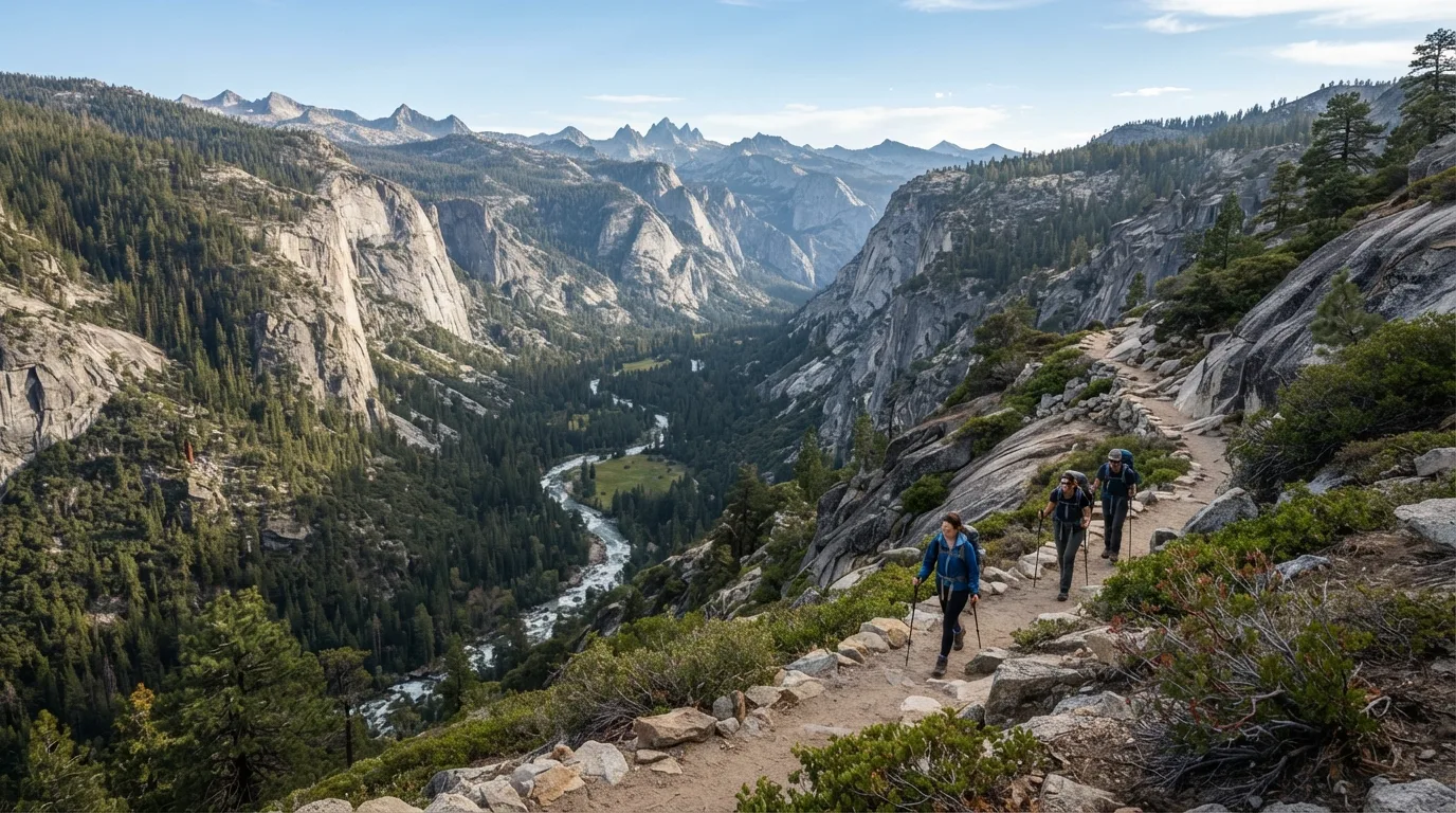 Hikers on Cedar Grove Overlook via Hotel Creek in Kings Canyon with deep granite canyon, roaring rivers, sequoia groves, high meadows, and long wilderness valleys.