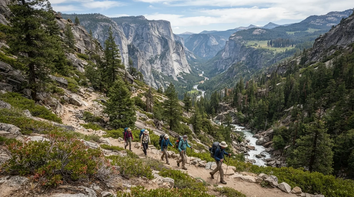 Hikers on Hotel Creek Trail in Kings Canyon with deep granite canyon, roaring rivers, sequoia groves, high meadows, and long wilderness valleys.
