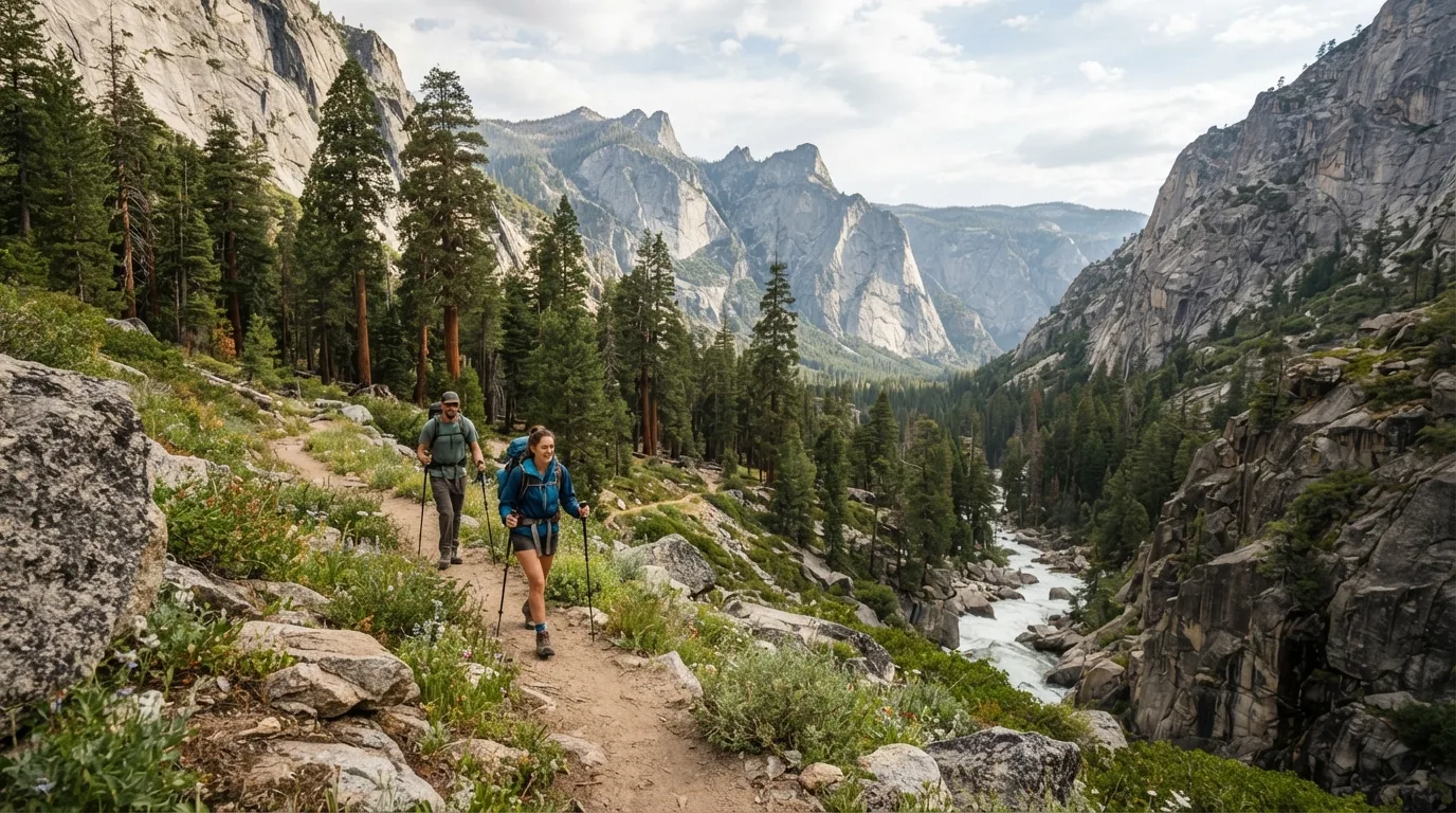Hikers on Lewis Creek Trail in Kings Canyon with deep granite canyon, roaring rivers, sequoia groves, high meadows, and long wilderness valleys.