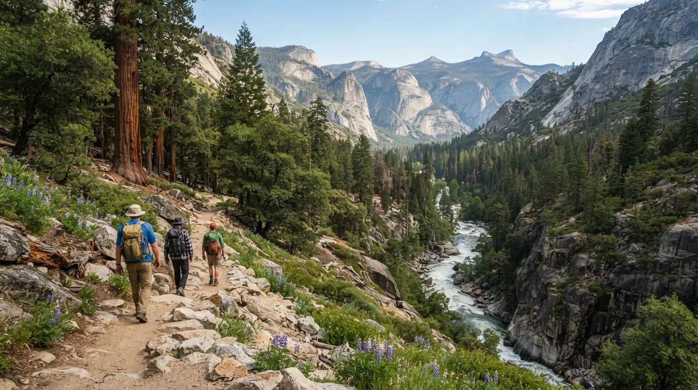 Hikers on Redwood Canyon Trail in Kings Canyon with deep granite canyon, roaring rivers, sequoia groves, high meadows, and long wilderness valleys.