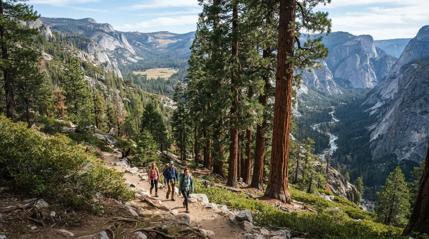 Hikers on Hart Tree Loop in Kings Canyon with deep granite canyon, roaring rivers, sequoia groves, high meadows, and long wilderness valleys.
