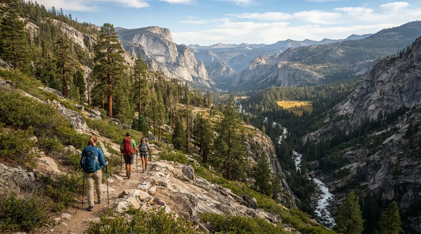 Hikers on Sugar Bowl Loop in Kings Canyon with deep granite canyon, roaring rivers, sequoia groves, high meadows, and long wilderness valleys.