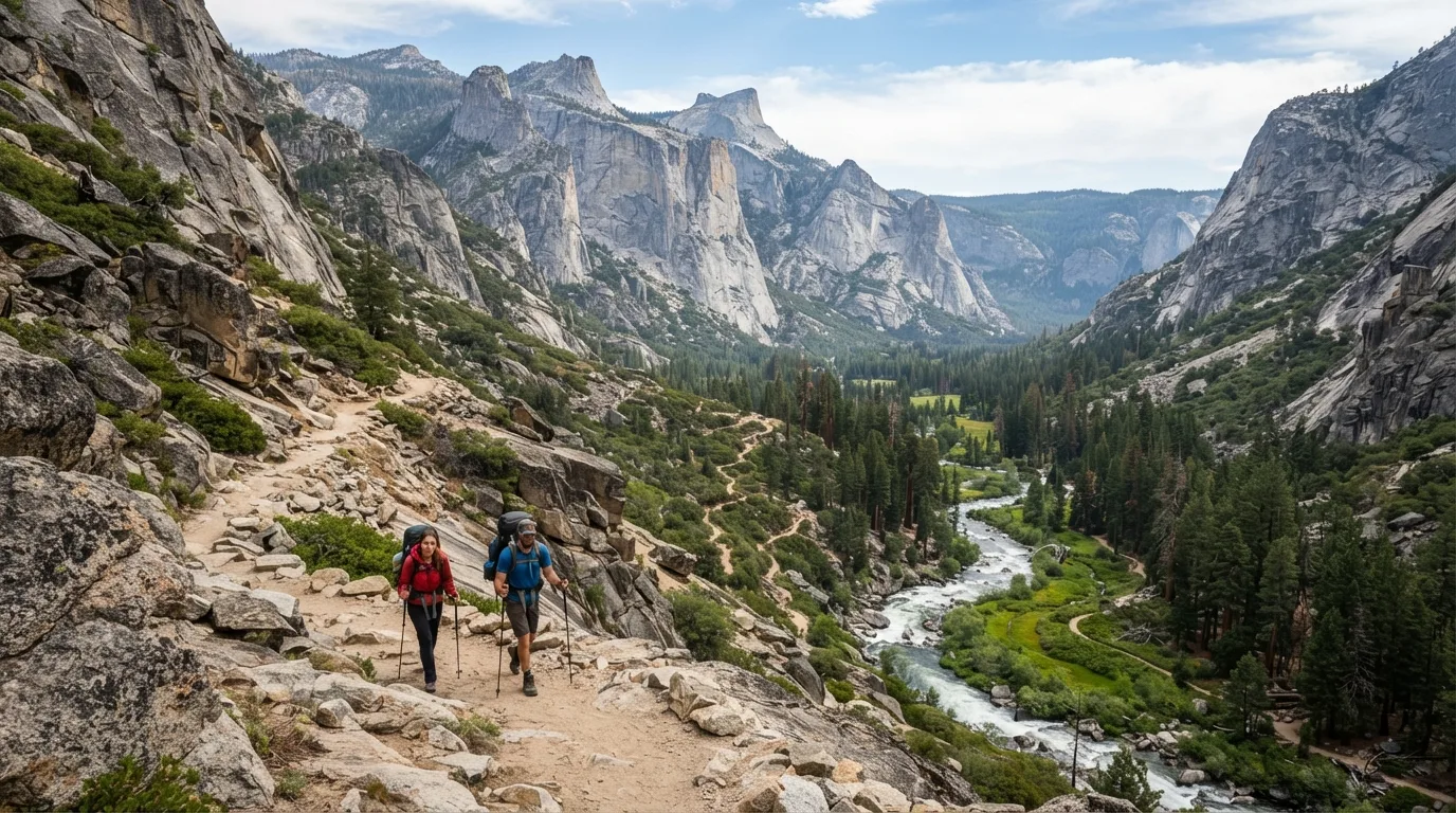 Hikers on Bubbs Creek Trail in Kings Canyon with deep granite canyon, roaring rivers, sequoia groves, high meadows, and long wilderness valleys.