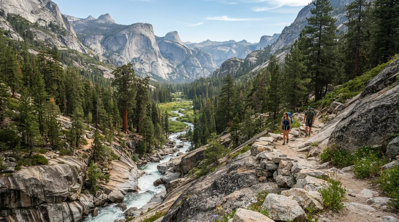 Hikers on Woods Creek Trail in Kings Canyon with deep granite canyon, roaring rivers, sequoia groves, high meadows, and long wilderness valleys.