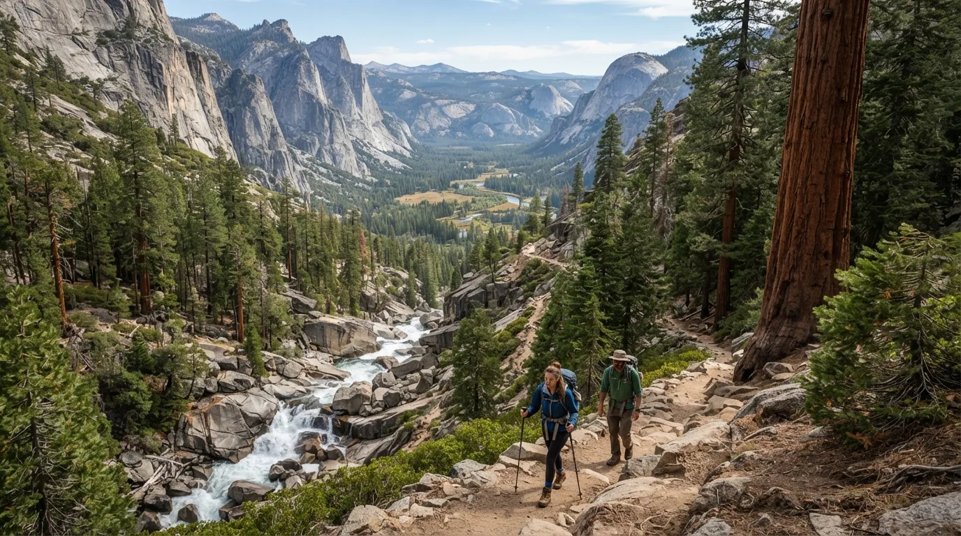 Hikers on Sheep Creek Cascade Trail in Kings Canyon with deep granite canyon, roaring rivers, sequoia groves, high meadows, and long wilderness valleys.