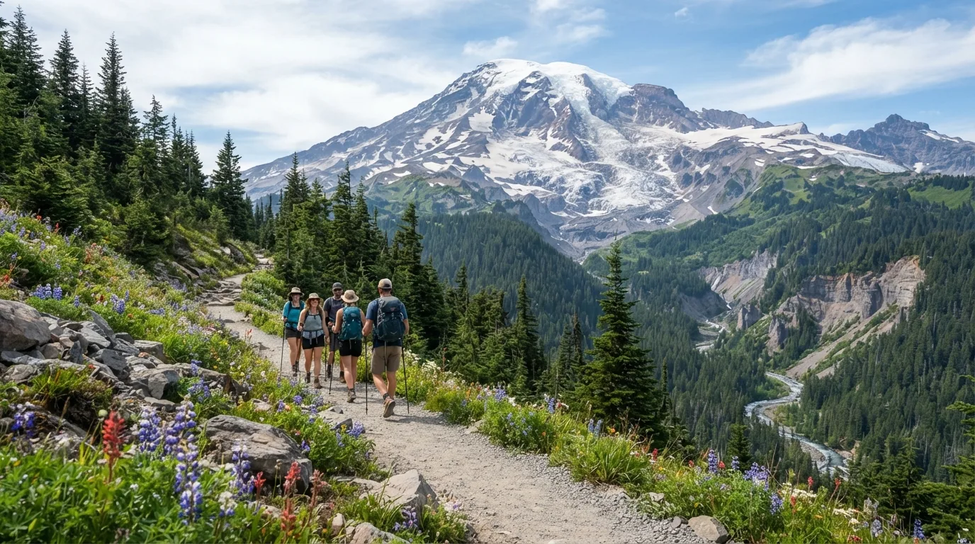 Hikers on Nisqually Vista Trail in Mount Rainier with glacier views, subalpine meadows, waterfall canyons, forest loops, and volcanic ridges.