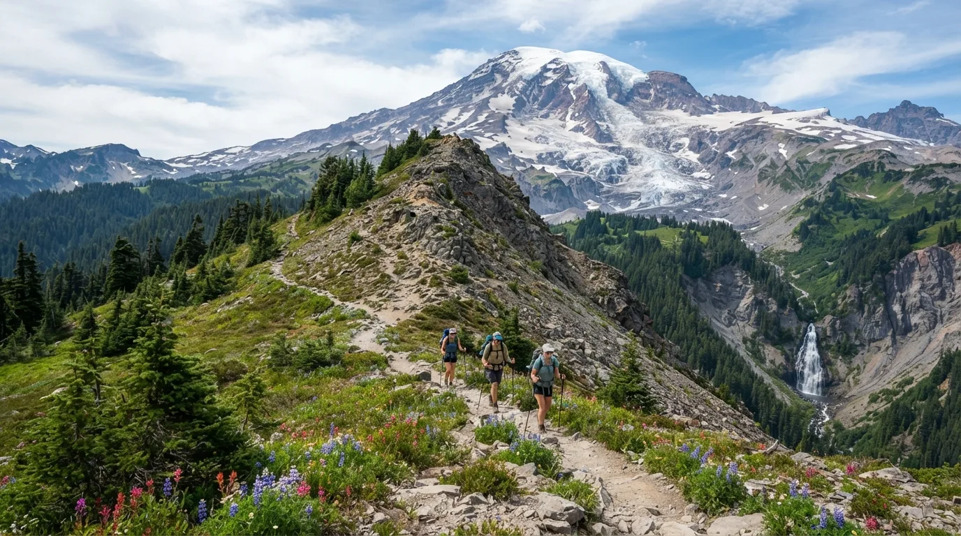Hikers on Moraine Trail in Mount Rainier with glacier views, subalpine meadows, waterfall canyons, forest loops, and volcanic ridges.
