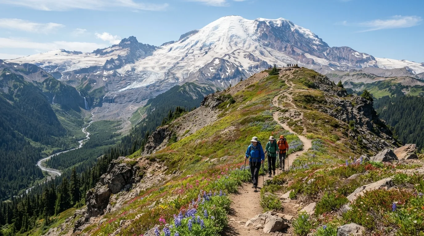 Hikers on Dege Peak Trail in Mount Rainier with glacier views, subalpine meadows, waterfall canyons, forest loops, and volcanic ridges.