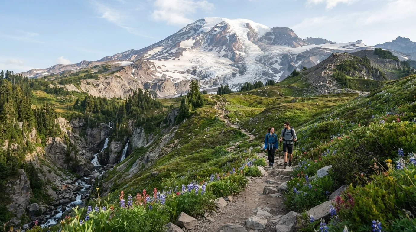 Hikers on Van Trump Park Trail in Mount Rainier with glacier views, subalpine meadows, waterfall canyons, forest loops, and volcanic ridges.