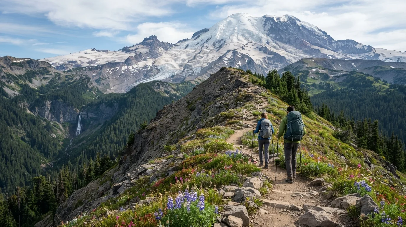 Hikers on Gobblers Knob Trail in Mount Rainier with glacier views, subalpine meadows, waterfall canyons, forest loops, and volcanic ridges.