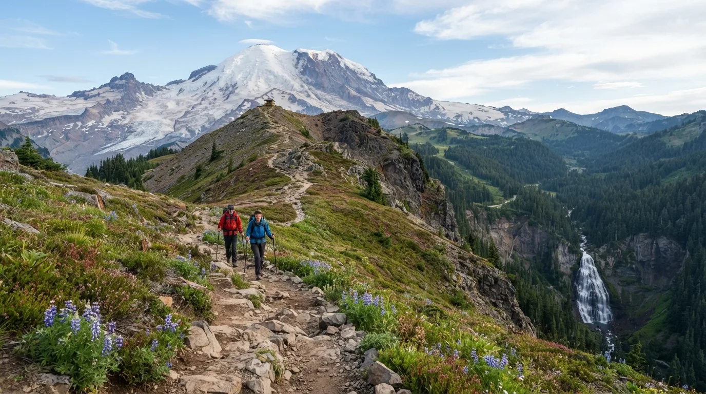 Hikers on Shriner Peak Trail in Mount Rainier with glacier views, subalpine meadows, waterfall canyons, forest loops, and volcanic ridges.