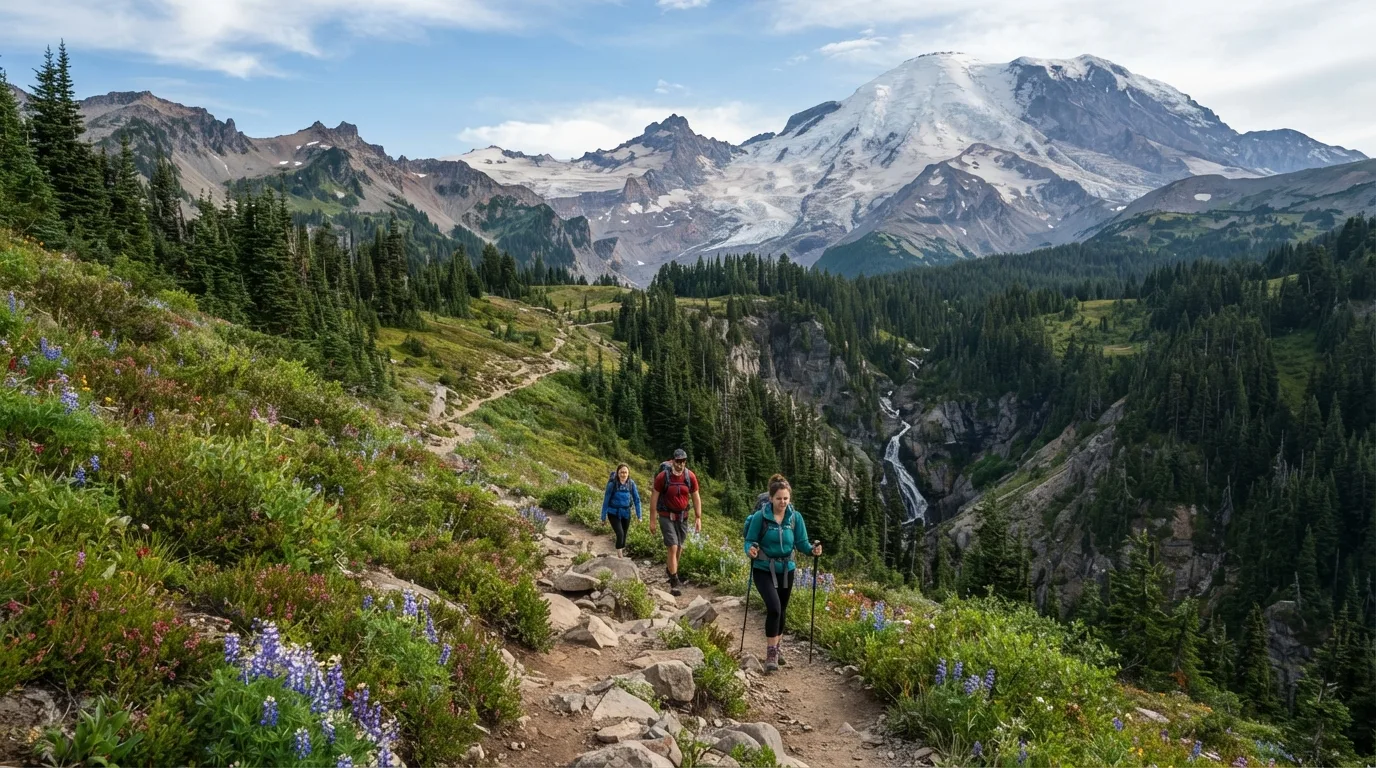 Hikers on Crystal Lakes Trail in Mount Rainier with glacier views, subalpine meadows, waterfall canyons, forest loops, and volcanic ridges.