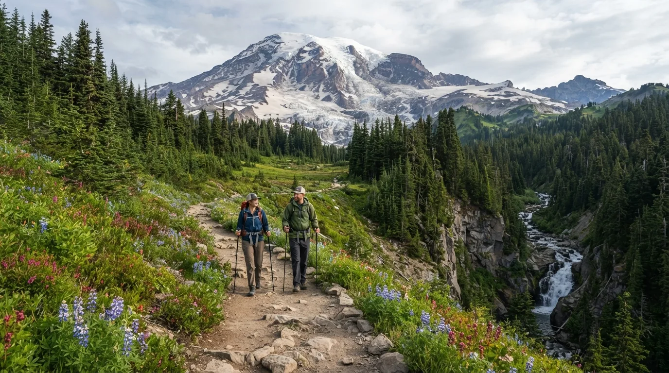 Hikers on Eastside Trail in Mount Rainier with glacier views, subalpine meadows, waterfall canyons, forest loops, and volcanic ridges.