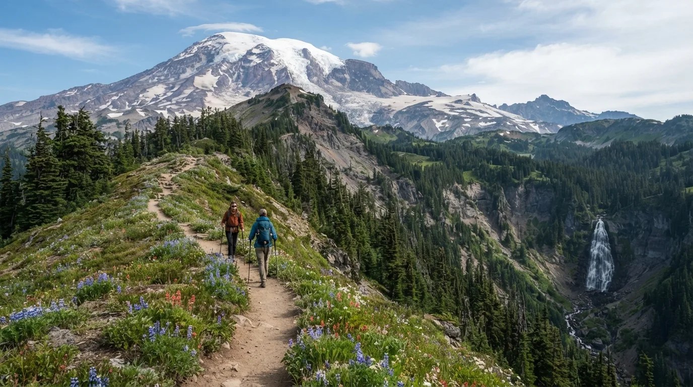 Hikers on Owyhigh Lakes Trail in Mount Rainier with glacier views, subalpine meadows, waterfall canyons, forest loops, and volcanic ridges.