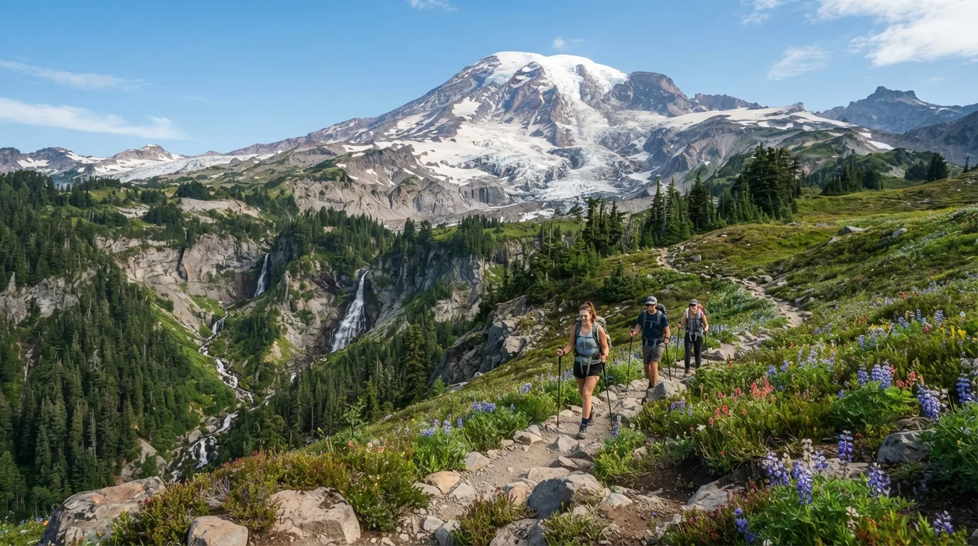 Hikers on Paradise Glacier Trail in Mount Rainier with glacier views, subalpine meadows, waterfall canyons, forest loops, and volcanic ridges.