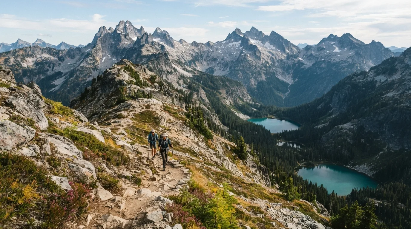 Hikers on Maple Pass Loop in North Cascades with jagged peaks, turquoise lakes, old-growth forest, alpine passes, and glacial valleys.