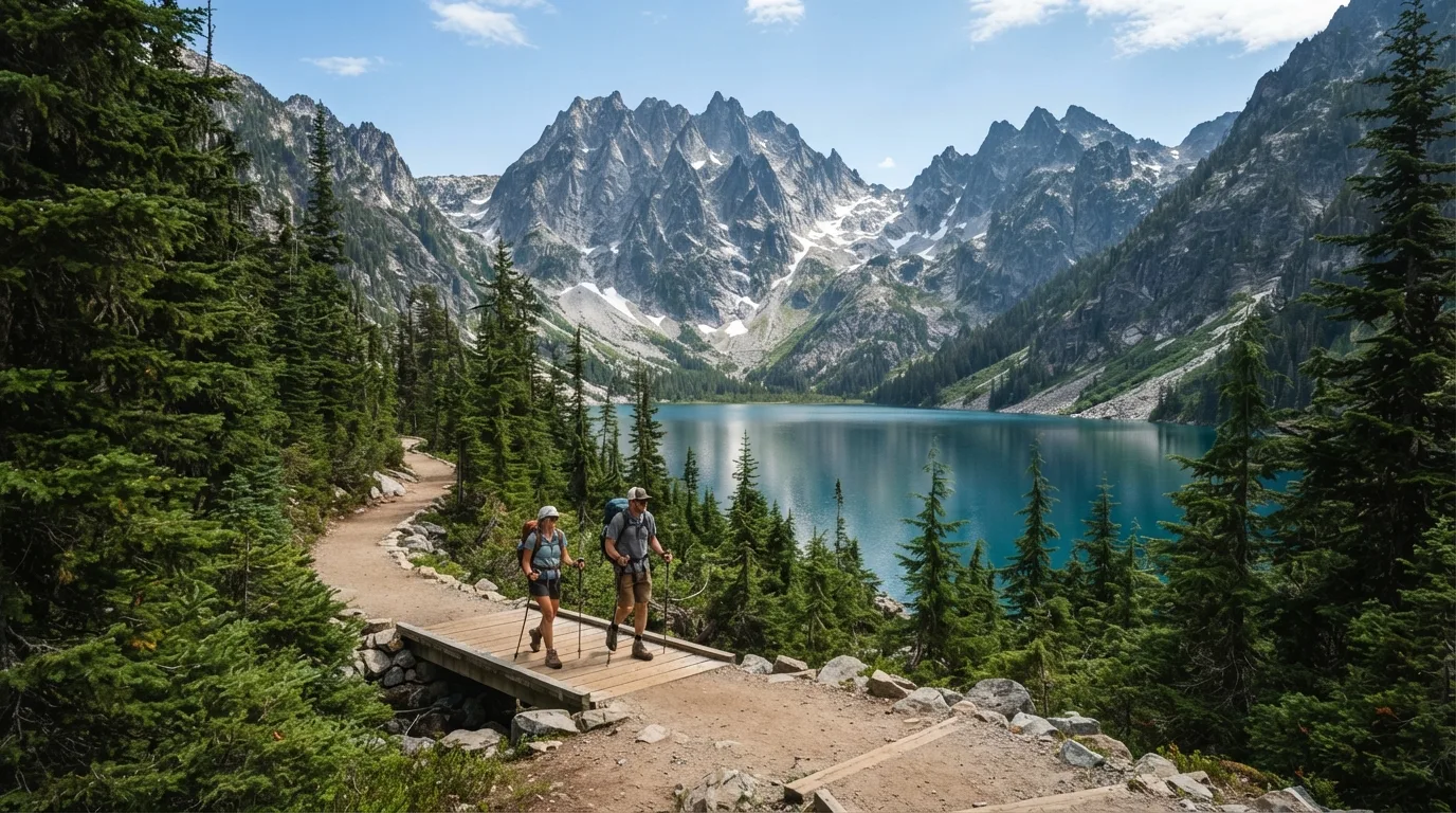 Hikers on Rainy Lake Trail in North Cascades with jagged peaks, turquoise lakes, old-growth forest, alpine passes, and glacial valleys.