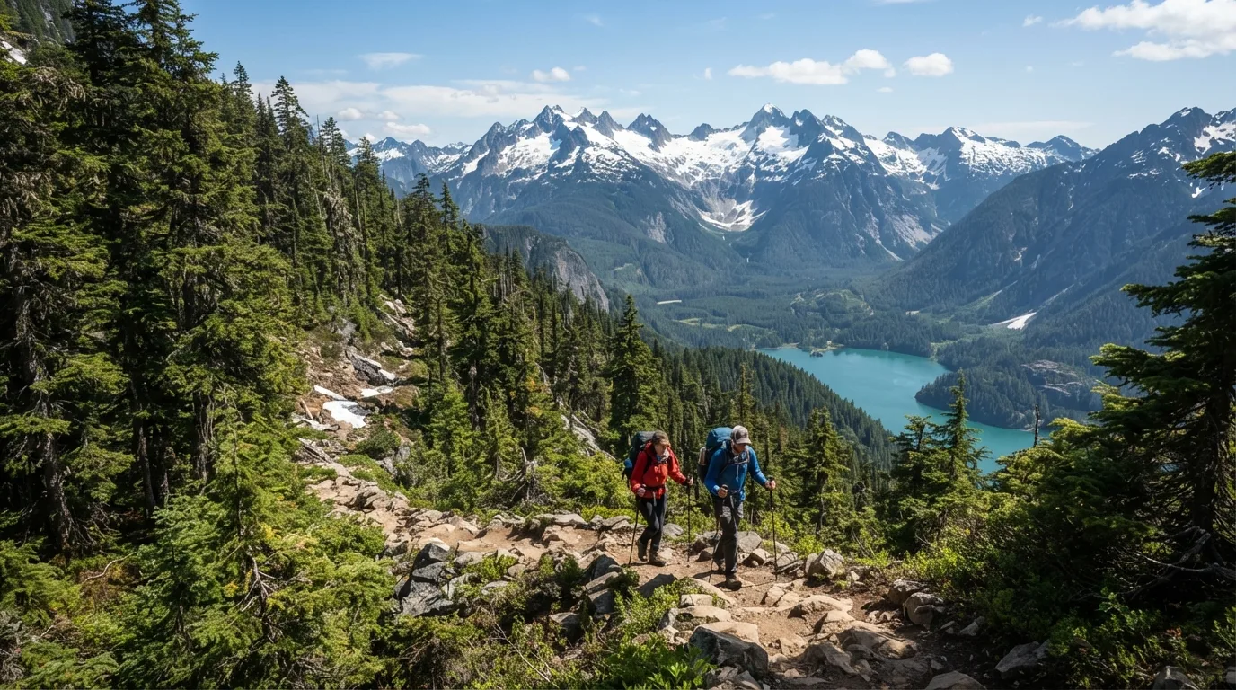 Hikers on Sourdough Mountain Trail in North Cascades with jagged peaks, turquoise lakes, old-growth forest, alpine passes, and glacial valleys.
