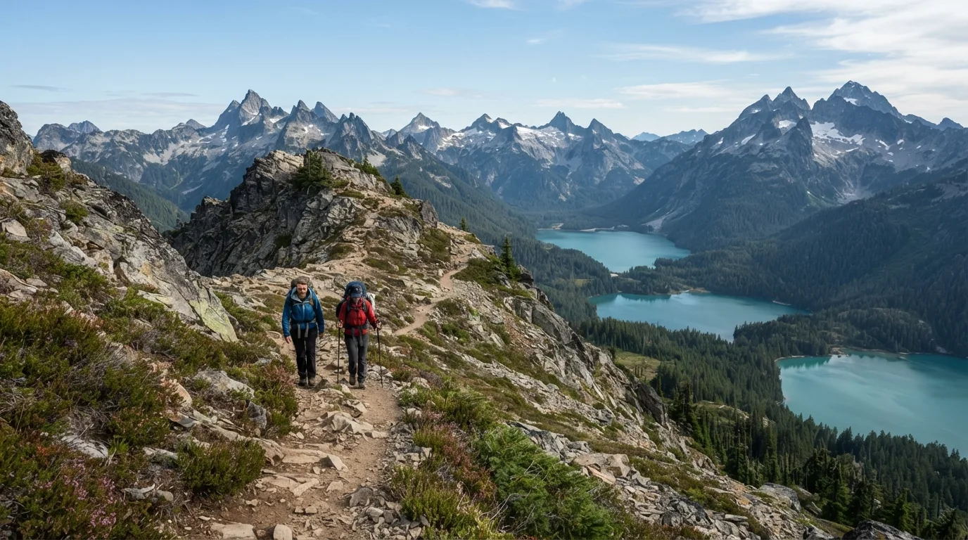 Hikers on Desolation Peak Trail in North Cascades with jagged peaks, turquoise lakes, old-growth forest, alpine passes, and glacial valleys.