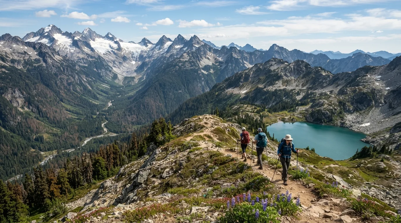 Hikers on Copper Ridge Loop in North Cascades with jagged peaks, turquoise lakes, old-growth forest, alpine passes, and glacial valleys.